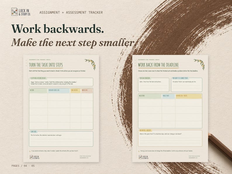 Work backwards. Make the next step smaller. The real Turn the Task into Steps and Work Back from the Deadline pages displayed side by side on cream card with walnut brown accents.