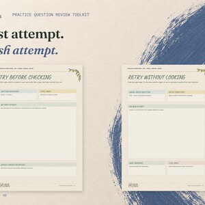 First attempt. Fresh attempt. The real Try Before Checking and Retry Without Looking pages displayed side by side on cream card with slate blue accents.