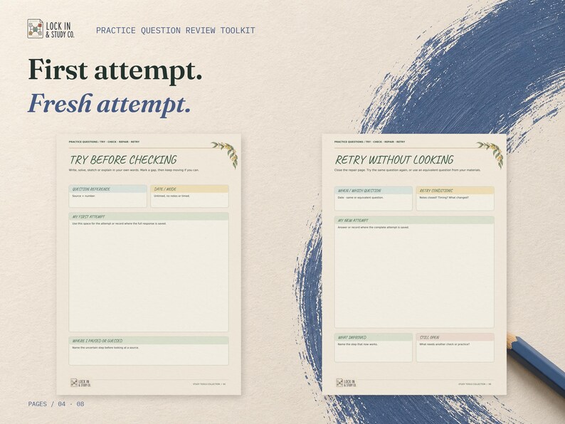 First attempt. Fresh attempt. The real Try Before Checking and Retry Without Looking pages displayed side by side on cream card with slate blue accents.