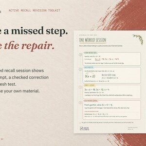 See a missed step. See the repair. The real One Worked Session page from the Active Recall Revision Toolkit, on cream card with terracotta accents.
