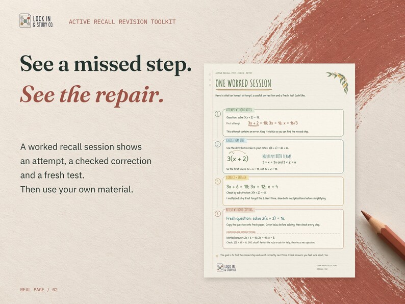 See a missed step. See the repair. The real One Worked Session page from the Active Recall Revision Toolkit, on cream card with terracotta accents.
