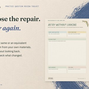 Close the repair. Try again. The real Retry Without Looking page from the Practice Question Review Toolkit, on cream card with slate blue accents.