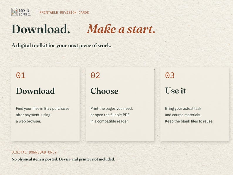 Download. Make a start. Three cards explain downloading the two PDFs through Etsy in a web browser, choosing print or fillable, and using your actual task materials. No physical item is posted.
