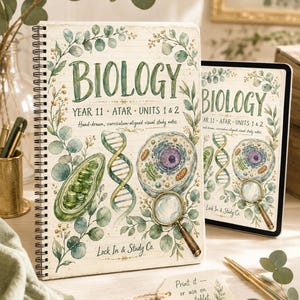 May include: A spiral-bound notebook and a tablet displaying a Biology Year 11 ATAR Units 1 & 2 cover with watercolour illustrations of a cell, DNA, and a magnifying glass, surrounded by eucalyptus leaves and the text Lock In & Study Co.