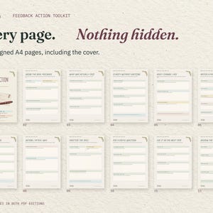 Every page. Nothing hidden. All 12 real A4 pages of the Feedback Action Toolkit, including the cover, arranged in order. The same designed pages come in both PDF editions.