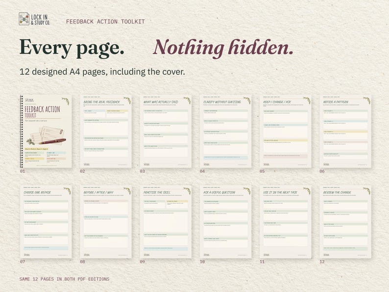 Every page. Nothing hidden. All 12 real A4 pages of the Feedback Action Toolkit, including the cover, arranged in order. The same designed pages come in both PDF editions.