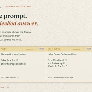 One prompt. A checked answer. The first worked-example card from the real What Makes a Useful Card? page: solve 3x + 2 = 17 and show the steps, with the method and a check.
