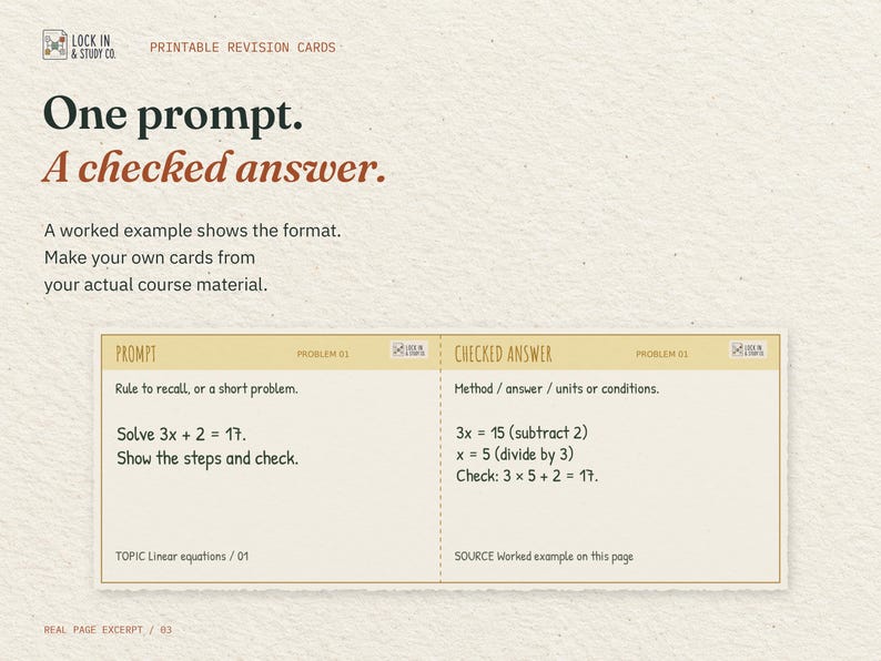 One prompt. A checked answer. The first worked-example card from the real What Makes a Useful Card? page: solve 3x + 2 = 17 and show the steps, with the method and a check.