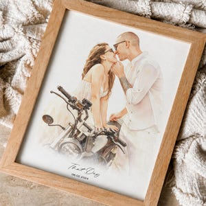 May include: A framed watercolour illustration of two people leaning towards each other over a motorcycle. The person on the left wears a light-coloured dress, and the person on the right wears a white shirt. Text reads That Day 08.02.2024.