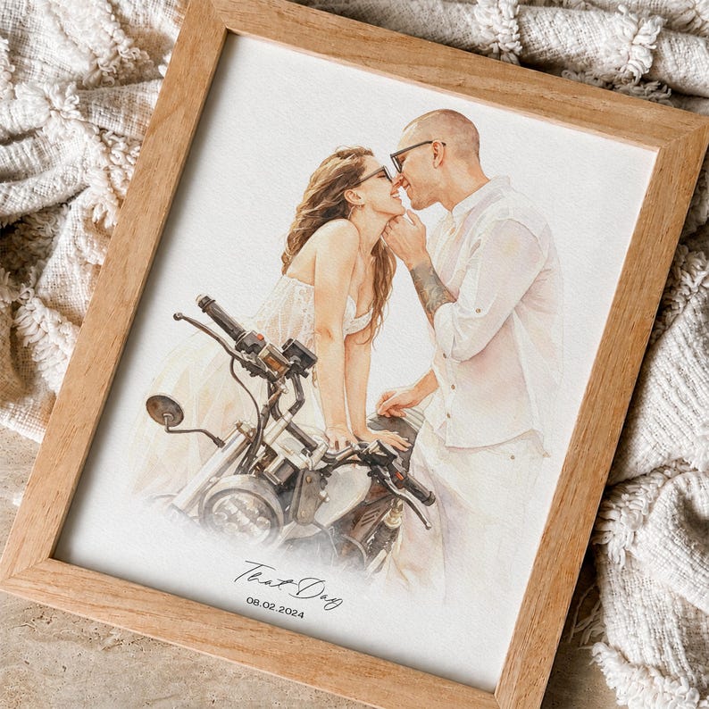 May include: A framed watercolour illustration of two people leaning towards each other over a motorcycle. The person on the left wears a light-coloured dress, and the person on the right wears a white shirt. Text reads That Day 08.02.2024.