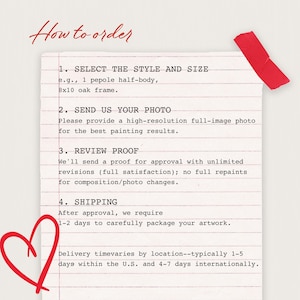 May include: A white piece of lined paper with the red text How to order at the top and a red heart at the bottom left. The paper features four numbered steps for ordering custom artwork, including selecting style and size, sending a photo, reviewing a proof, and shipping details, with a piece of red tape at the top right corner.