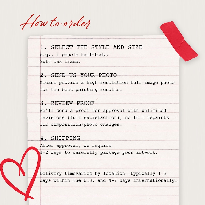 May include: A white piece of lined paper with the red text How to order at the top and a red heart at the bottom left. The paper features four numbered steps for ordering custom artwork, including selecting style and size, sending a photo, reviewing a proof, and shipping details, with a piece of red tape at the top right corner.