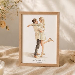 May include: A framed watercolour illustration of a couple embracing, with the person on the left wearing a light shirt and dark trousers, and the person on the right in a light dress and boots. The text reads A first date and 08.02.2024.