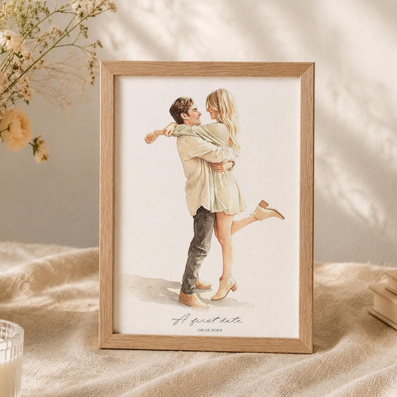 May include: A framed watercolour illustration of a couple embracing, with the person on the left wearing a light shirt and dark trousers, and the person on the right in a light dress and boots. The text reads A first date and 08.02.2024.