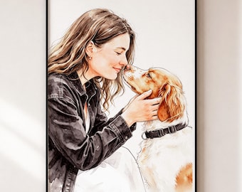 May include: A watercolour-style illustration depicting a person with long brown hair wearing a dark jacket, gently holding the face of a white and tan dog. The dog wears a black collar and is positioned close to the person in a tender moment.