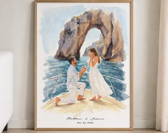 May include: A framed watercolour print depicting a proposal on a boat deck with a large rock arch in the background. A person in white kneels to offer a ring to another person in a white dress. Text reads: Matthew & Jessica, MAY 22, 2026.