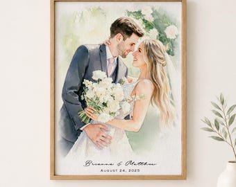 May include: A framed watercolour portrait of a couple in wedding attire. The person on the left wears a dark suit, and the person on the right wears a white dress and holds a bouquet of white flowers. Text reads: Brianna & Matthew August 24, 2025.