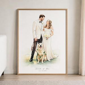 Könnte beinhalten: Ein gerahmtes Aquarellbild eines Paares mit einem Golden Retriever. Die linke Person trägt einen weißen Anzug mit schwarzer Hose und hält eine Leine. Die rechte Person trägt ein weißes Brautkleid und hält Blumen. Der Text lautet Sarah & Ben JULY 18 2026.
