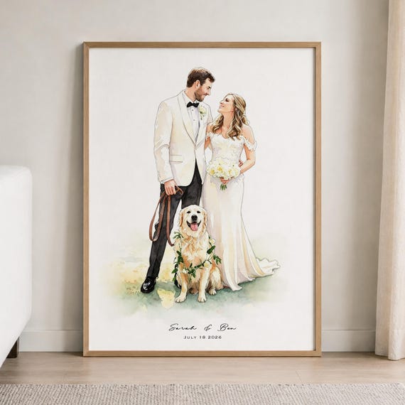 Custom Wedding Portrait from Photo, Bride and Groom with Pet Portrait, Personalized Couple Painting,Wedding Gift,Anniversary Gift for Couple