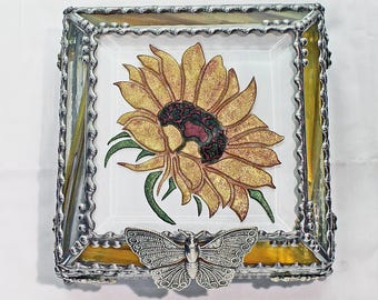 Sunflower, Stained Glass, Keepsake Box, Jewelry Box, Faberge Style, Treasure Box, Flowers
