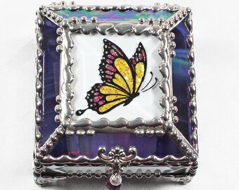 Butterfly Hand Painted Glass Jewelry Box Hand crafted, Gift Box