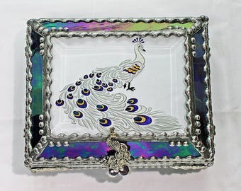 Peacock, Stained Glass, Keepsake Box, Jewelry Box, Faberge Style, Treasure Box