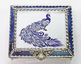 Peacock, Stained Glass, Keepsake Box, Jewelry Box, Faberge Style, Treasure Box