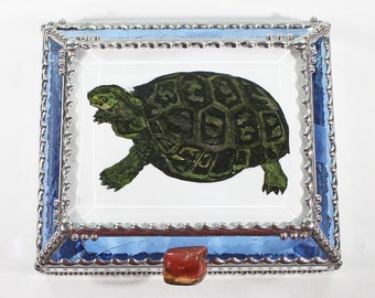 Turtle, Hand Painted, Stained Glass, Keepsake Box,Jewelry Box, Faberge Style, Treasure Box