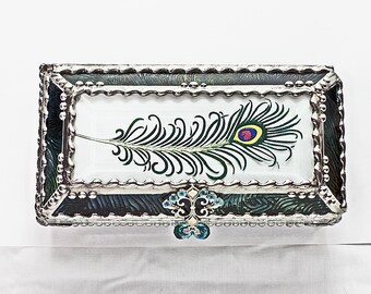 Peacock, Feather, Jewelry Box, EyeGlass Case , Jewelry Box, Glass Art,, Faberge Style, Beveled Glass, Made in USA