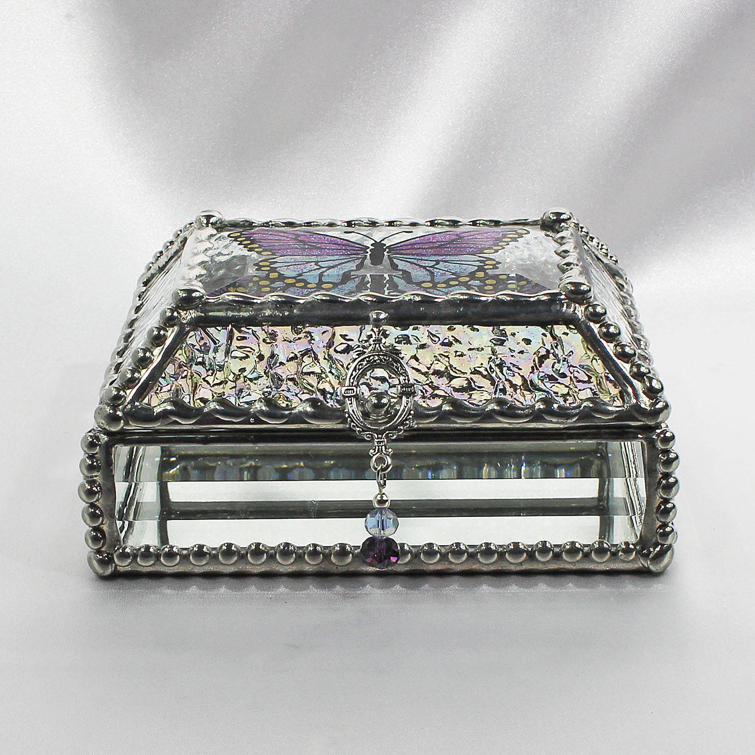 Etched Hand Painted Glass Jewelry Box Hand crafted