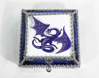 Dragon, art glass, stained glass, display box, jewelry box, souvenir, hand painted