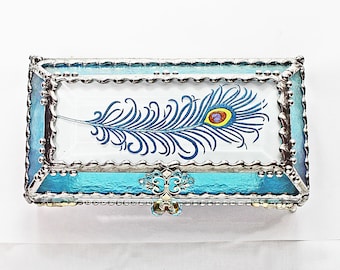 Peacock, Feather, Jewelry Box, EyeGlass Case , Jewelry Box, Glass Art,, Faberge Style, Beveled Glass, Made in USA