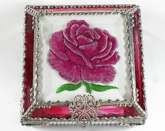 Roses, Hand Painted, Stained Glass, Beveled Glass, Keepsake Box,Jewelry Box, Faberge Style, Made in USA