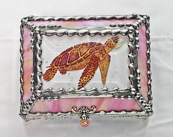 Sea Turtle, Glass Art, Turtle, Keepsake Box,Hand Painted, Faberge Style, Treasure Box