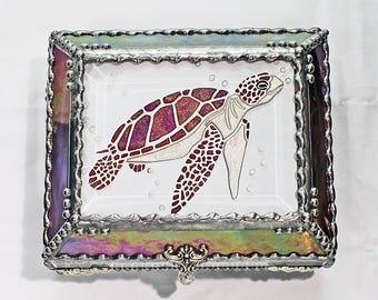 Sea Turtle, Glass Art, Turtle, Keepsake Box,Hand Painted, Faberge Style, Treasure Box