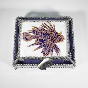 Lionfish Stained Glass Box, Trinket Box, Sea Life, Ocean creatures, Hand Painted Etched, Faberge Style