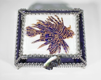 Lionfish Stained Glass Box, Trinket Box, Sea Life, Ocean creatures, Hand Painted Etched, Faberge Style