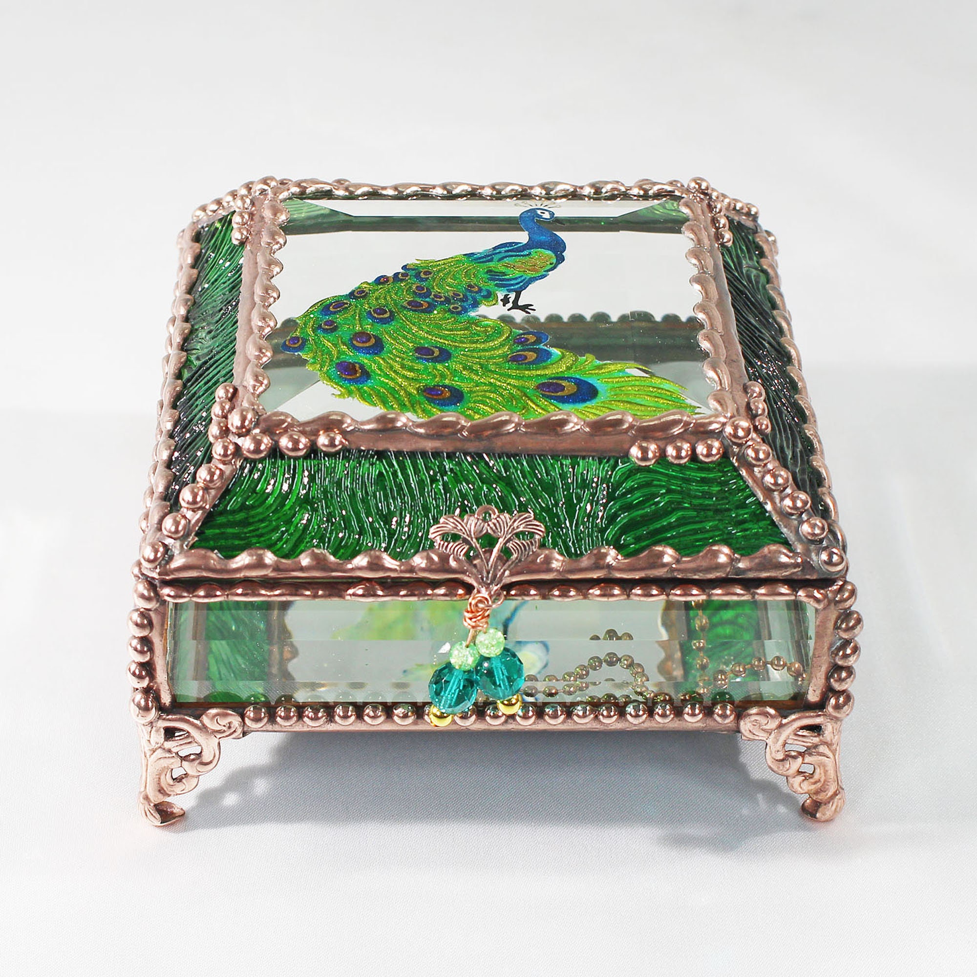 Peacock, Stained Glass, Keepsake Box, Jewelry Box, Faberge Style