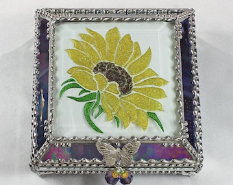 Sunflower, Stained Glass, Keepsake Box, Jewelry Box, Faberge Style, Treasure Box, Flowers