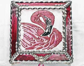 Flamingo, Hand Painted, Stained Glass Box, Trinket Box, Etched, Faberge Style