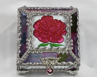 Roses, Hand Painted, Stained Glass, Beveled Glass, Keepsake Box,Jewelry Box, Faberge Style, Made in USA