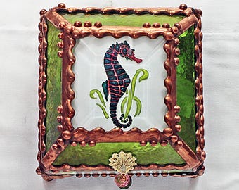 Seahorse Carved Glass Jewelry Box, Hand painted Etched Glass, Swarovski crystals, Stained Glass, Glass Art, Beveled Glass, Made in the USA