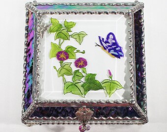 Butterfly, Morning Glory, Hand Painted, Stained Glass, Keepsake Box,Jewelry Box, Faberge Style, Treasure Box