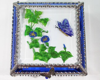 Butterfly, Morning Glory, Hand Painted, Stained Glass, Keepsake Box,Jewelry Box, Faberge Style, Treasure Box