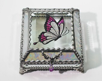 Etched Butterfly Hand Painted Glass Jewelry Box Hand crafted, Gift Box