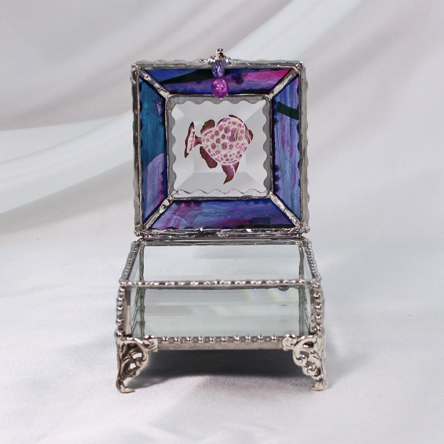 Fish, Ocean Sea Life, Etched hand painted Glass Treasure Box, Jewelry Box, Trinket Box, Glass