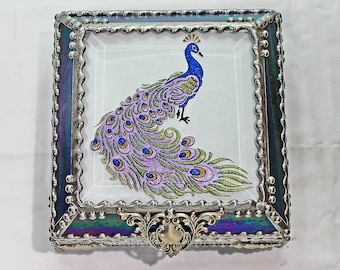 Peacock, Stained Glass, Keepsake Box, Jewelry Box, Faberge Style, Treasure Box