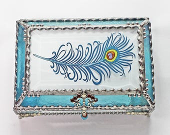 Peacock, Feather, Jewelry Box, EyeGlass Case , Jewelry Box, Glass Art, Beveled Glass, Faberge Style, Beveled Glass, Made in USA