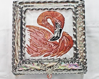 Flamingo, Hand Painted, Stained Glass Box, Trinket Box, Etched, Faberge Style
