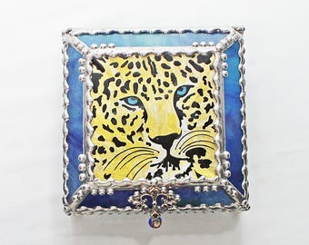 Leopard, Hand Painted, Stained Glass Box, Trinket Box, , Etched, Faberge Style